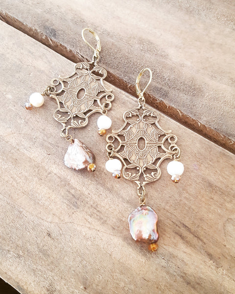 earrings by Marinella jewelry vintage brass freshwater potato & blister pearls 3" long