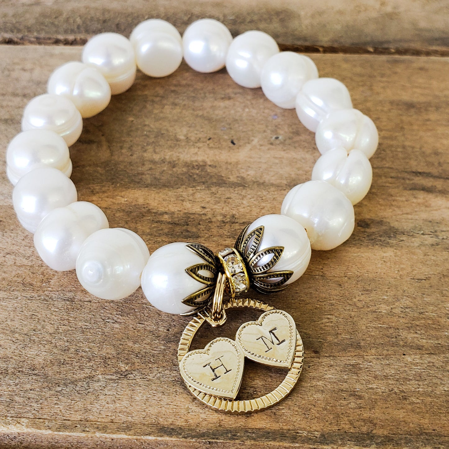 13mm freshwater pearls vintage details double heart hand stamped brass tag