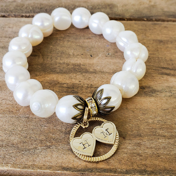 14mm freshwater pearls w vintage brass double heart stamped w initials tag