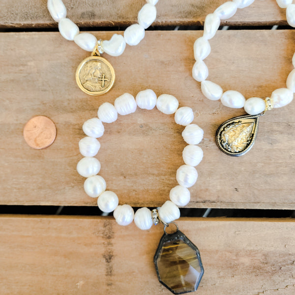 10mm freshwater pearls curated charms stretch bracelets