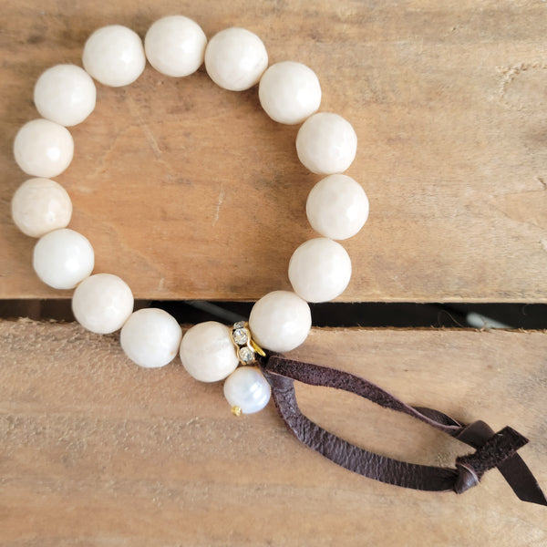 12mm agate gemstone beads hand-knotted suede pearl dangle stretch bracelet