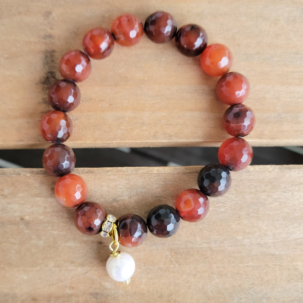12mm agate gemstone beads hand-knotted suede pearl dangle stretch bracelet