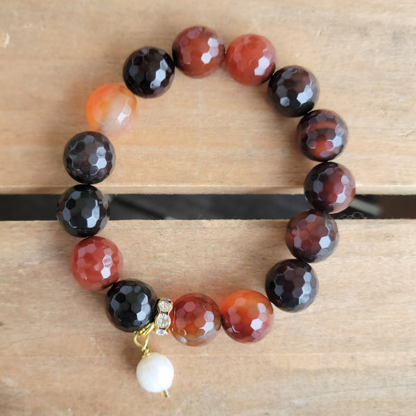 12mm agate gemstone beads hand-knotted suede pearl dangle stretch bracelet