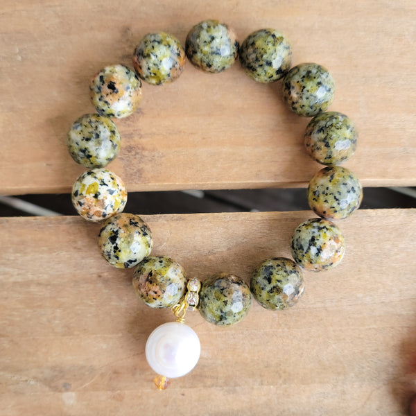 12mm agate gemstone beads hand-knotted suede pearl dangle stretch bracelet