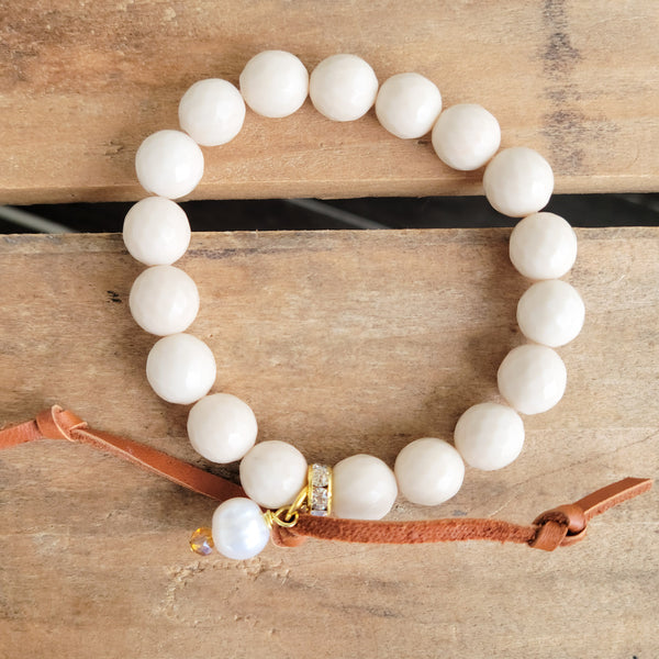 12mm agate gemstone beads hand-knotted suede pearl dangle stretch bracelet