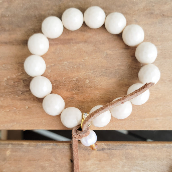 12mm agate gemstone beads hand-knotted suede pearl dangle stretch bracelet