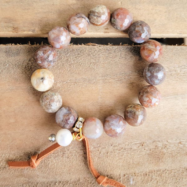 12mm landscape jasper gemstone beads hand-knotted leather pearl dangle stretch bracele