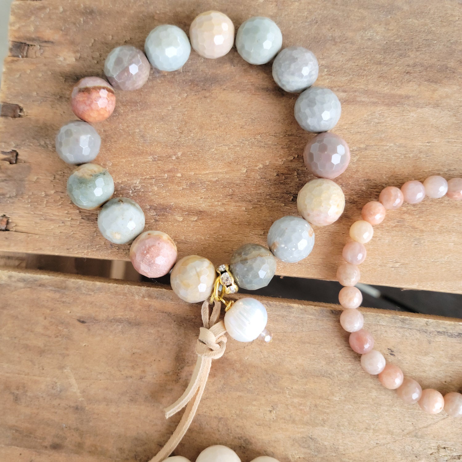 12mm picture jasper gemstone beads hand-knotted leather pearl dangle stretch bracelet
