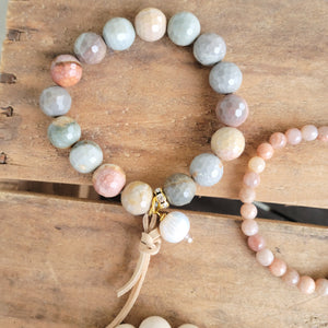 12mm picture jasper gemstone beads hand-knotted leather pearl dangle stretch bracelet