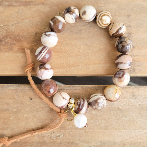 12mm agate gemstone beads hand-knotted suede pearl dangle stretch bracelet