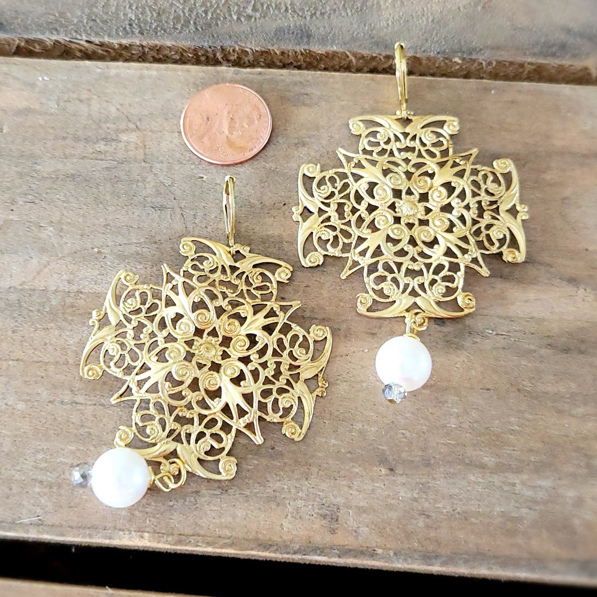 33mm vintage brass intricate design 12mm freshwater pearl earrings