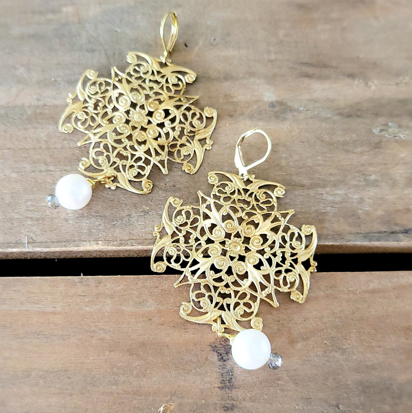 33mm vintage brass intricate design 12mm freshwater pearl earrings