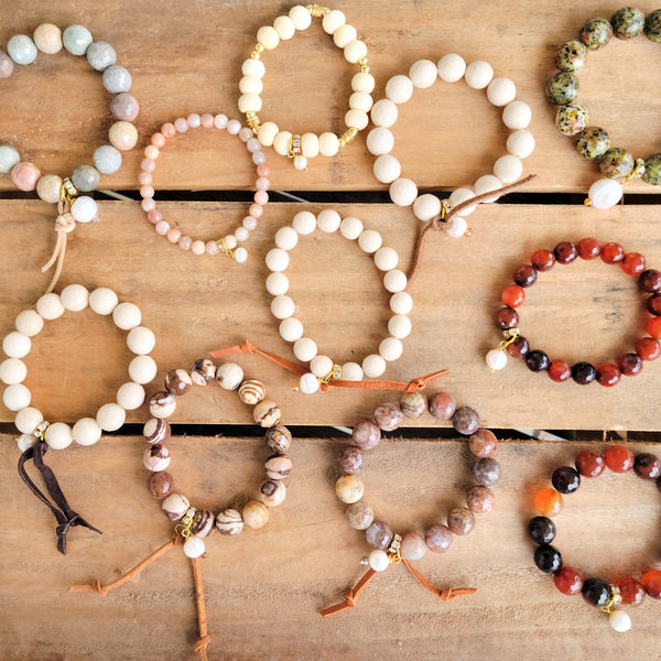 12mm agate gemstone beads hand-knotted suede pearl dangle stretch bracelets