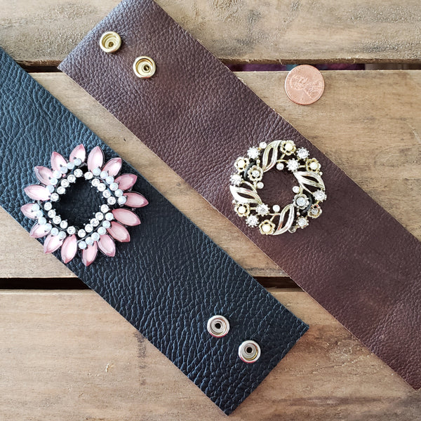 2.5" wide brown & black leather cuffs vintage  rhinestone brooches embellishment bracelet