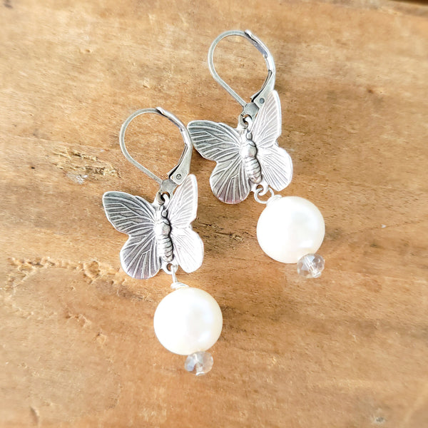 Oxidized silver butterfly freshwater pearl Swarovski earrings