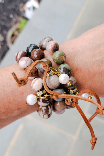12mm gemstone beads hand-knotted leather & suede freshwater pearl dangles stretch bracelets