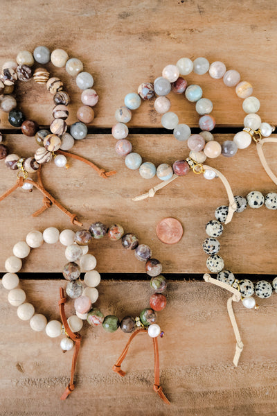 12mm gemstone beads hand-knotted leather & suede freshwater pearl dangles stretch bracelets