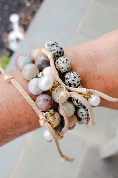 12mm gemstone beads hand-knotted leather & suede freshwater pearl dangles stretch bracelets