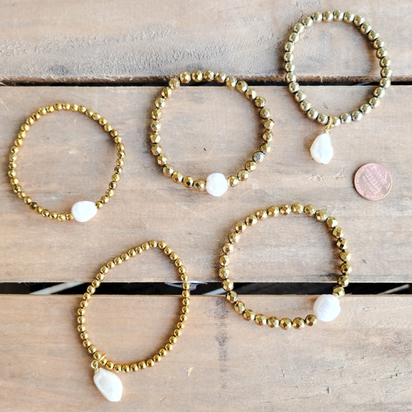 gold hematite freshwater pearls stretch bracelets