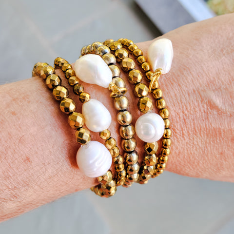 gold hematite freshwater pearls stretch bracelets