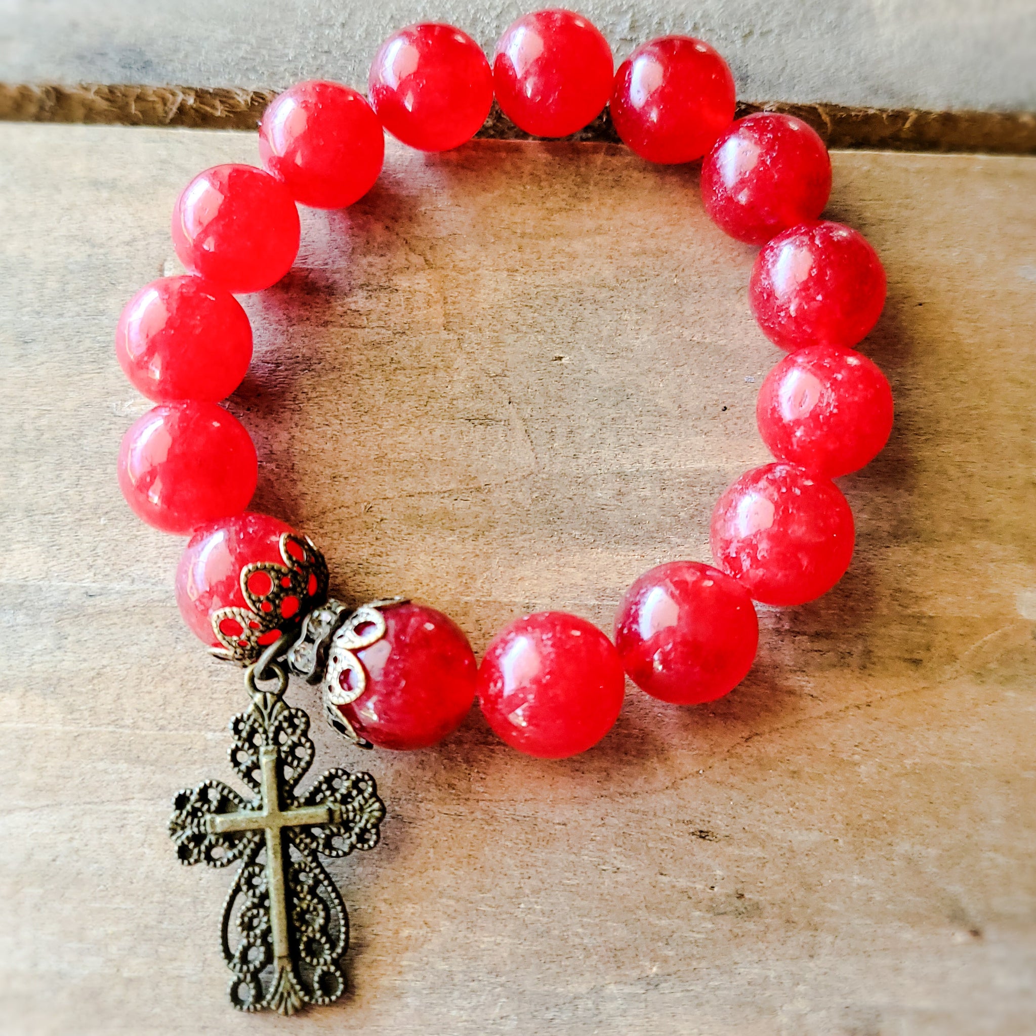 14mm red jade gemstone beads brass 1" long cross bracelet