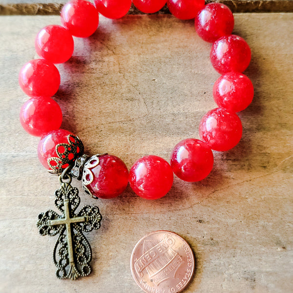 14mm red jade gemstone beads brass filigree cross bracelet