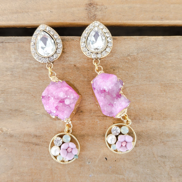 3" long rhinestone pink druzy crystal agate flower dangle earrings