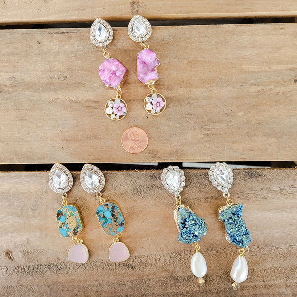 collection of 3" long rhinestone & gemstone earrings