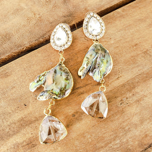 2.5" long duster earrings rhinestones blister pearls gold wrapped champagne crystals