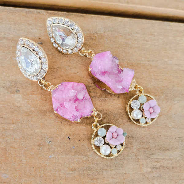 3" long rhinestone pink druzy crystal agate flower dangle earrings