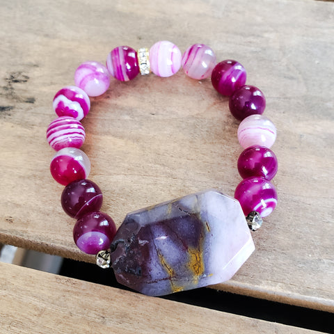28mm Mookaite gemstone octagon w 12mm pink agate beads vintage rhinestones bracelet