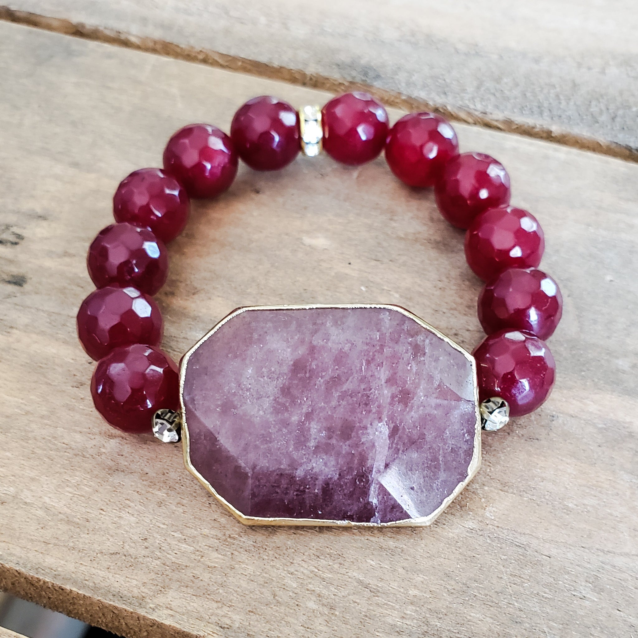 29mm gemstone strawberry quartz octagon w 12mm red agate beads vintage rhinestones bracelet