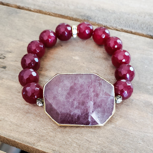 29mm gemstone strawberry quartz octagon w 12mm red agate beads vintage rhinestones bracelet
