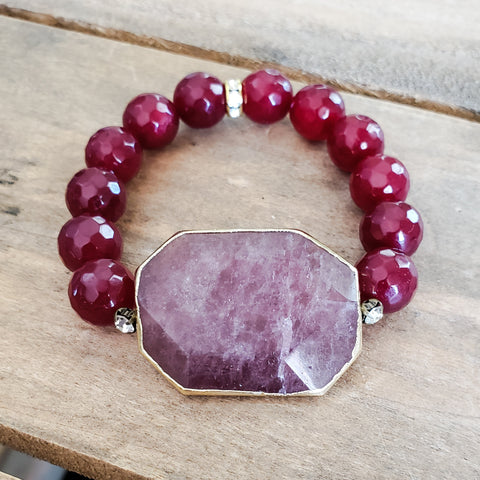 29mm gemstone strawberry quartz octagon w 12mm red agate beads vintage rhinestones bracelet