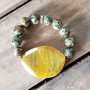 14mm kiwi jasper beads 56mm orange agate center gemstones quality stretch bracelet