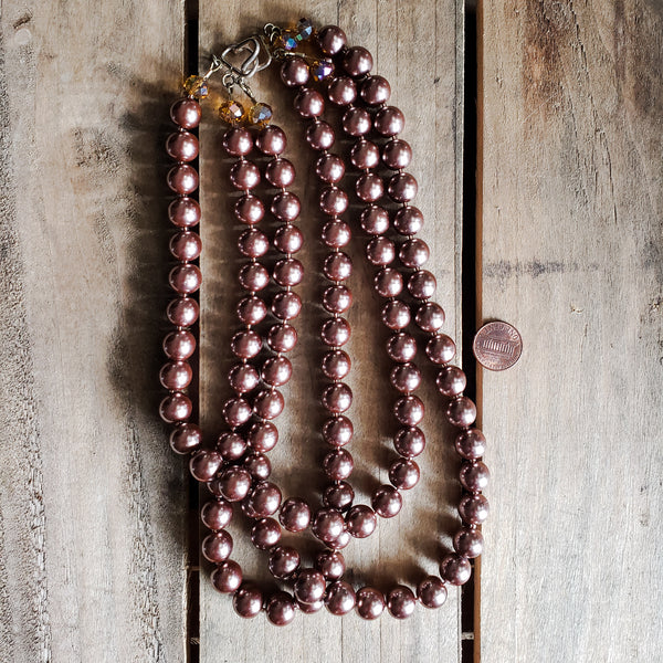 12mm triple layered cashmere brown round glass pearl beads handmade necklace
