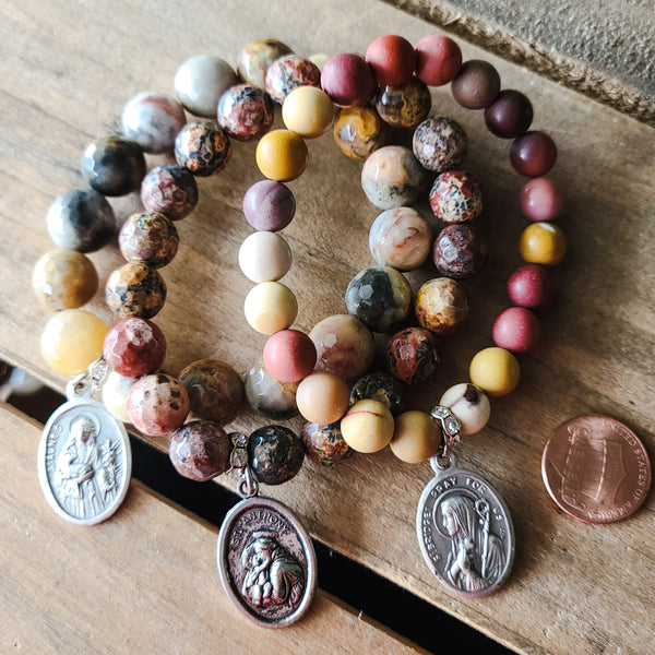 gemstone beads 3 medals St. Agnes, Bridget Anthony stretch bracelets