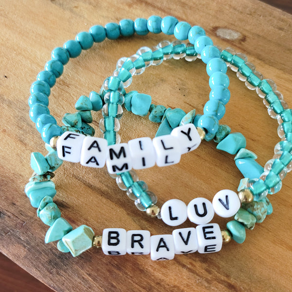 beaded stretch word bracelets BRAVE FAMILY LUV 